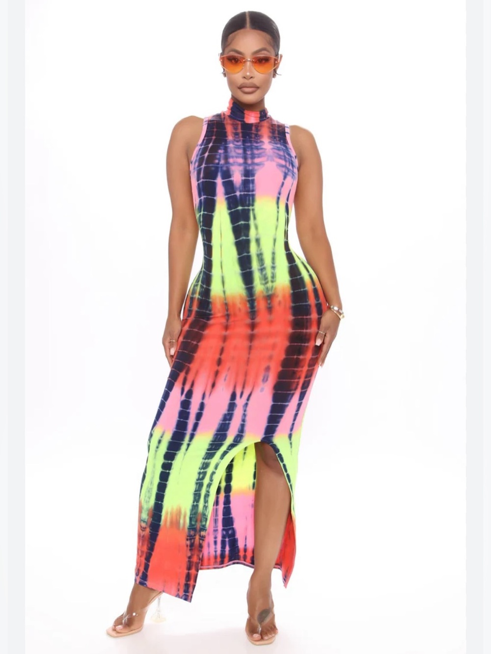 Neon Tie-Dye High Neck Maxi Dress